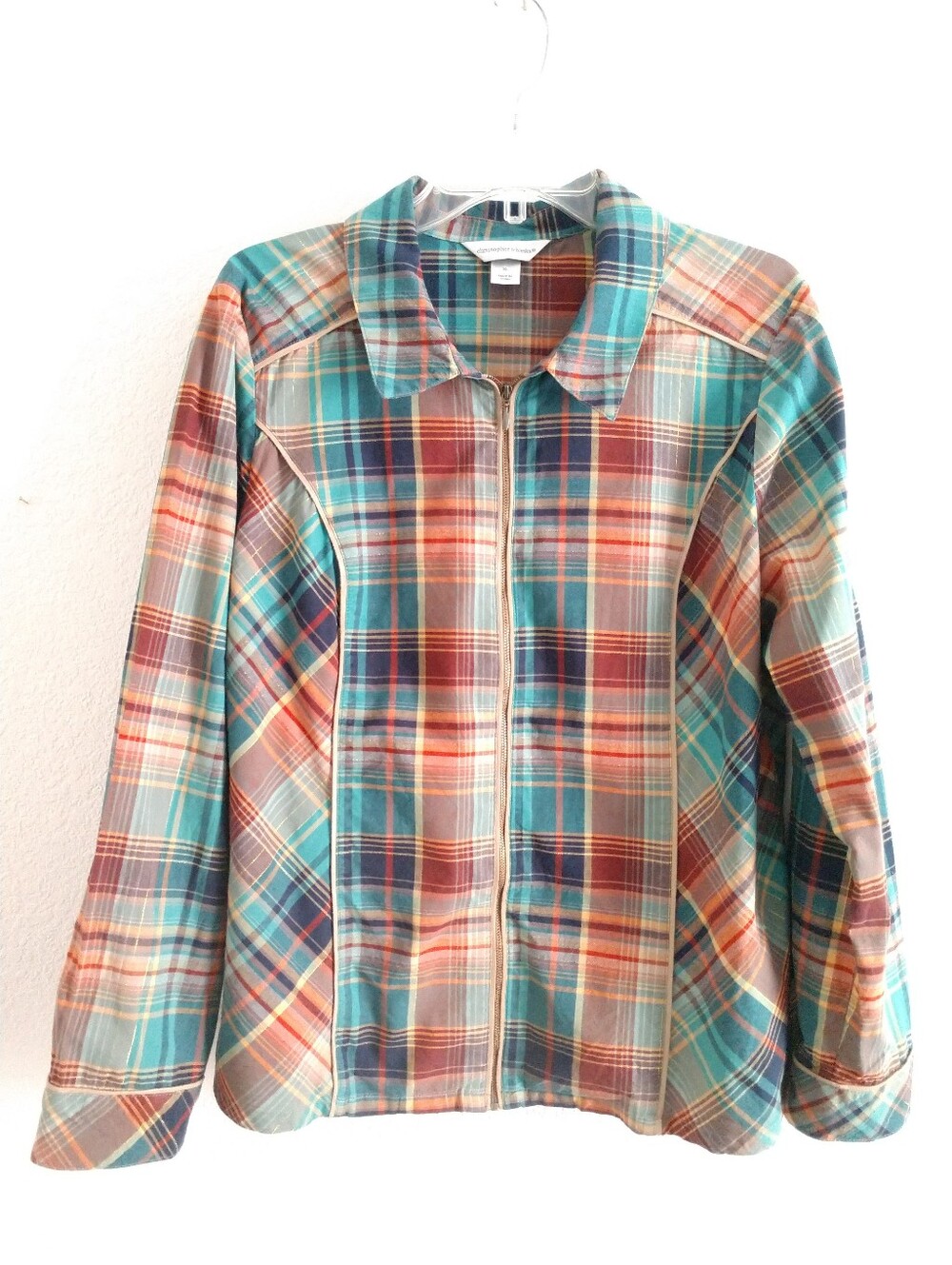 Christopher & Banks Plaid Lightweight Jacket Zip Front Brown Green Gold Size XL